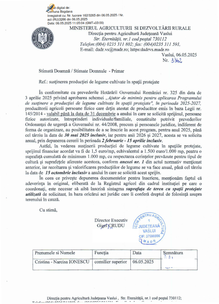 Ajutor de minimis pentru aplicarea Programului de susținere a producției de legume cultivate în spații protejate - înscriere până la 30 mai 2025 inclusiv