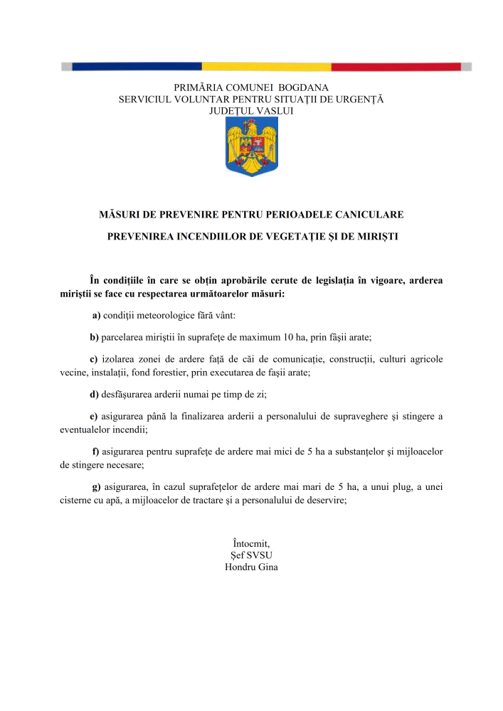Măsuri de prevenire pentru perioadele caniculare - Prevenirea incendiilor de vegetație și de miriști