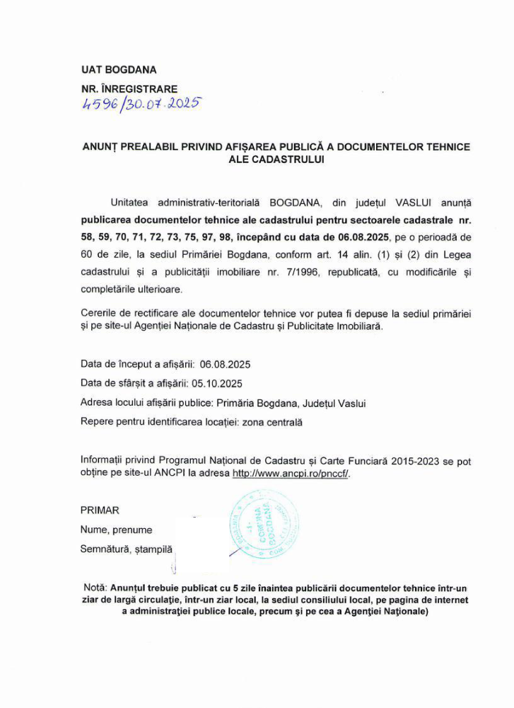 Anunț prealabil privind afișarea publică a documentelor tehnice ale cadastrului - 30.07.2025