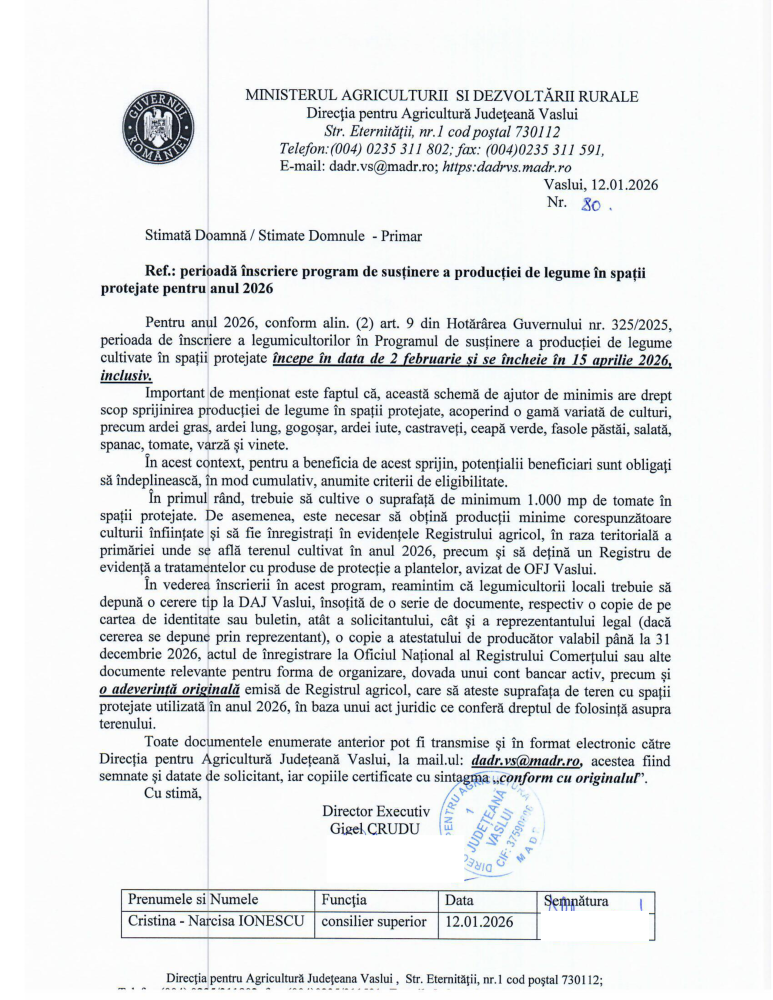 Anunț privind perioada de înscriere program de susținere a producției de legume în spații protejate pentru anul 2026