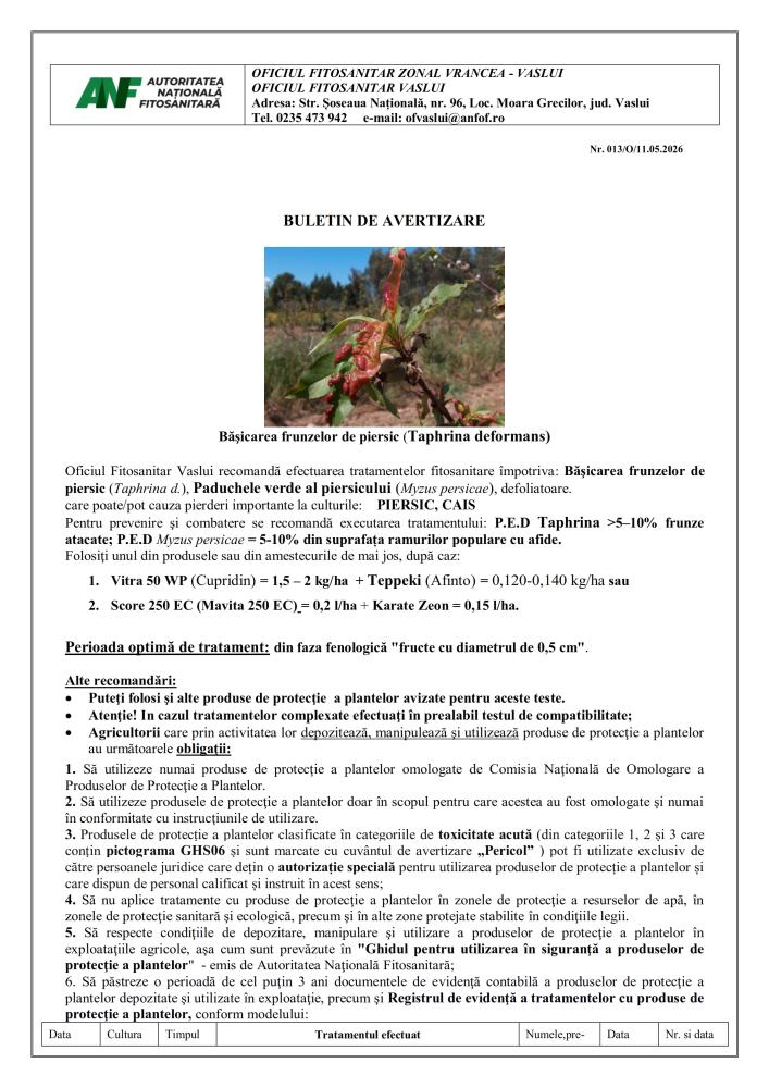 Oficiul Fitosanitar Vaslui recomandă efectuarea tratamentelor fitosanitare împotriva: Bășicare frunze de piersic, păduchele verde al piersicului care pot cauza pierderi importante la culturile piersic, cais (1)