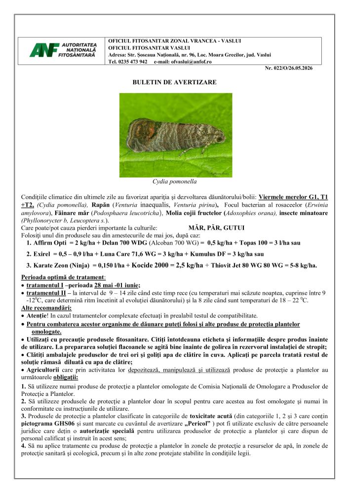 Oficiul Fitosanitar Vaslui recomandă efectuarea tratamentelor fitosanitare împotriva: Viermele merelor G1, T1+T2, Rapăn, Focul bacterian al rosaceelor, Făinare măr, Molia cojii fructelor, insecte minatoare care pot cauza pierderi importante la culturile măr, păr, gutui (1)