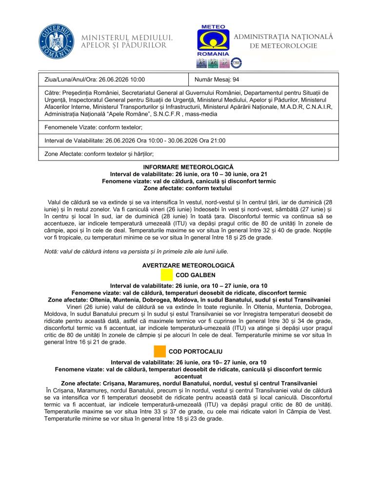 Informare meteorologică 26 iunie, ora 10 - 30 iunie, ora 21