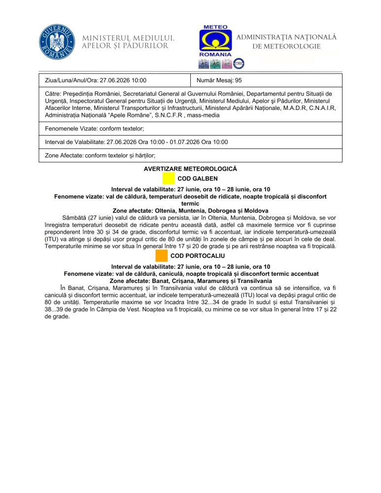 Avertizare meteorologică perioada 27 iunie, ora 10 - 28 iunie, ora 10