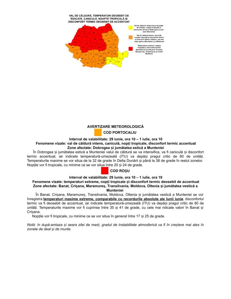 Avertizare meteorologică perioada 29 iunie, ora 10 - 1 iulie, ora 10