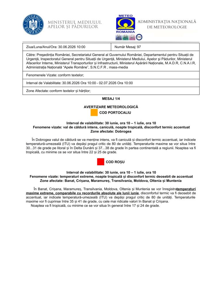 Avertizare meteorologică perioada 30 iunie, ora 10 - 2 iulie, ora 10