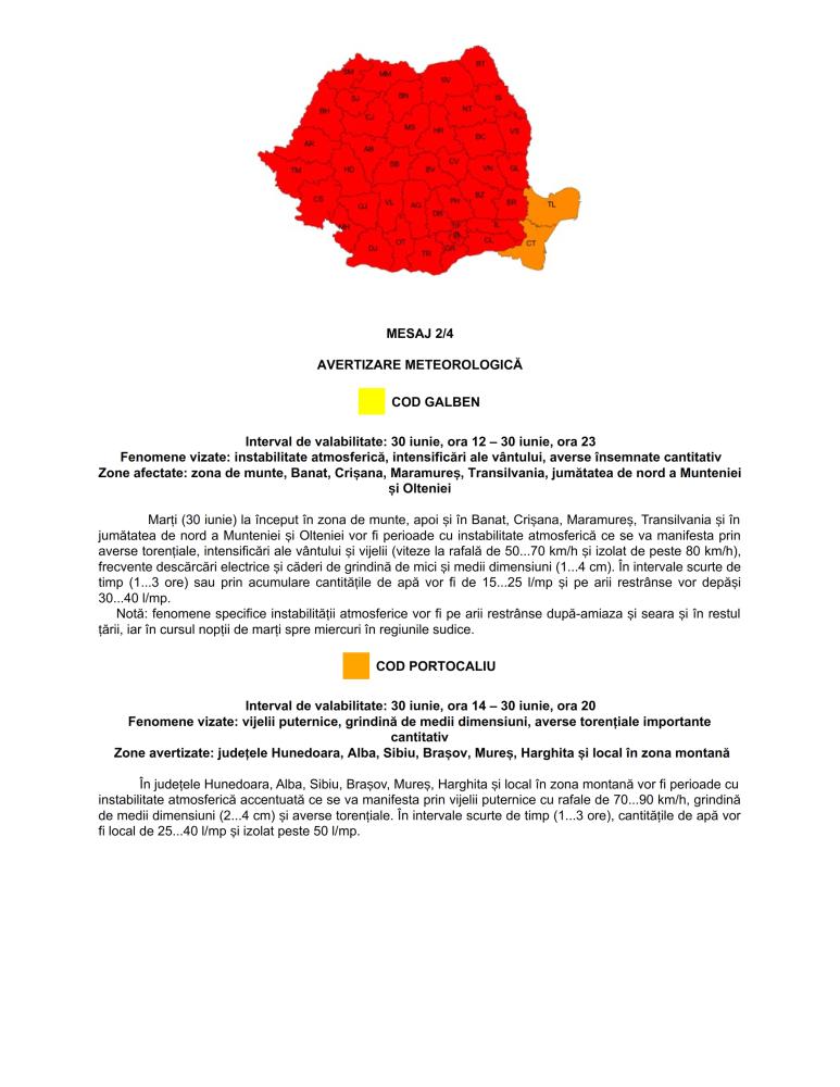 Avertizare meteorologică perioada 30 iunie, ora 10 - 2 iulie, ora 10