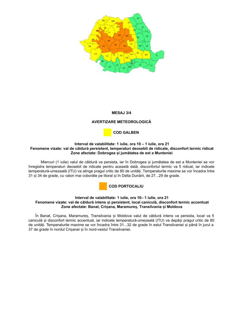 Avertizare meteorologică perioada 30 iunie, ora 10 - 2 iulie, ora 10