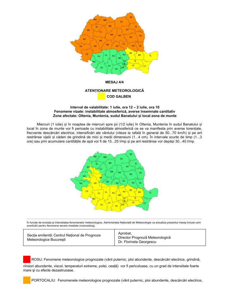 Avertizare meteorologică perioada 30 iunie, ora 10 - 2 iulie, ora 10