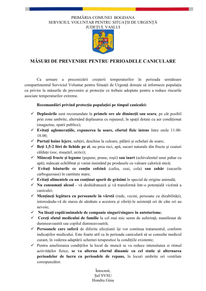 Măsuri de prevenire pentru perioadele caniculare
