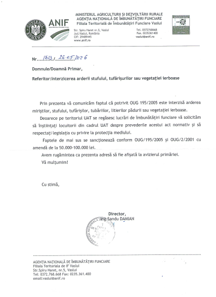 Informare privind interzicerea arderii stufului, tufărișurilor sau vegetației ierboase - 29.05.2026