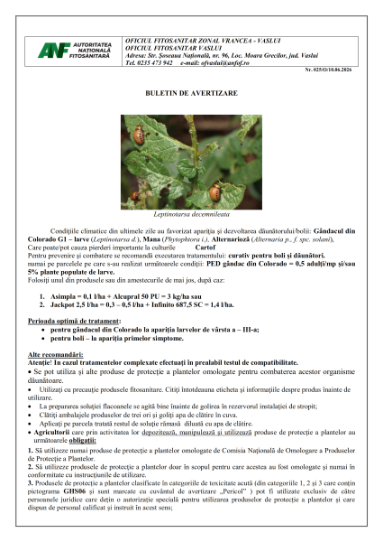 Oficiul Fitosanitar Vaslui recomandă efectuarea tratamentelor fitosanitare împotriva: Gândac din Colorado G1 - larve, Mana, Alternarioză care pot cauza pierderi importante la culturile de cartof