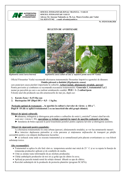 Oficiul Fitosanitar Vaslui recomandă efectuarea tratamentelor fitosanitare împotriva agentului de dăunare: Omida păroasă a dudului care poate cauza pierderi importante la culturile: Arbori izolați, aliniamente stradale, parcuri